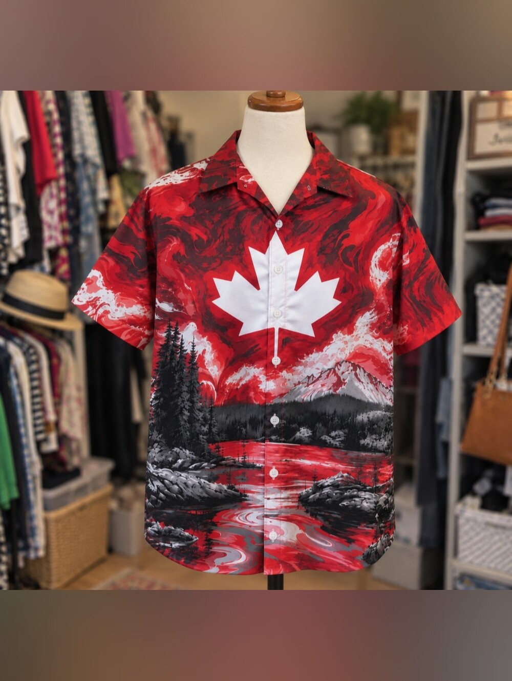 Men’s 3XL Canadian Maple Leaf Scenic Graphic Button-Down Shirt